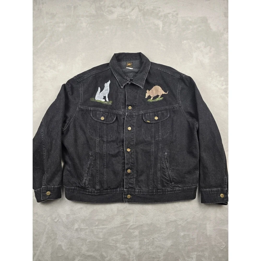 Vintage Lee Riders Denim Jacket Men XXL Black Painted Wolf Wagon Western 70s 80s